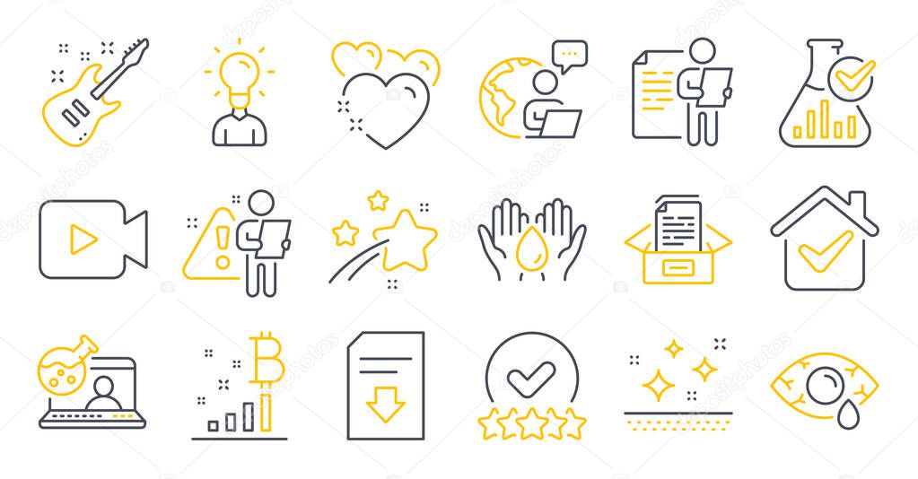 Set of Business icons, such as Rating stars, Clean skin, Chemistry lab symbols. Video camera, Electric guitar, onjunctivitis eye signs. Heart, Education, Job interview. Documents box. Vector