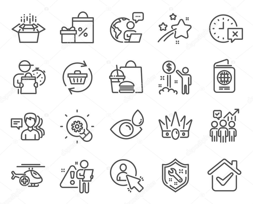 Business icons set. Included icon as Packing boxes, Refresh cart, Time signs. People, Crown, Eye drops symbols. Medical helicopter, User, Spanner. Passport, Income money, Shopping. Vector