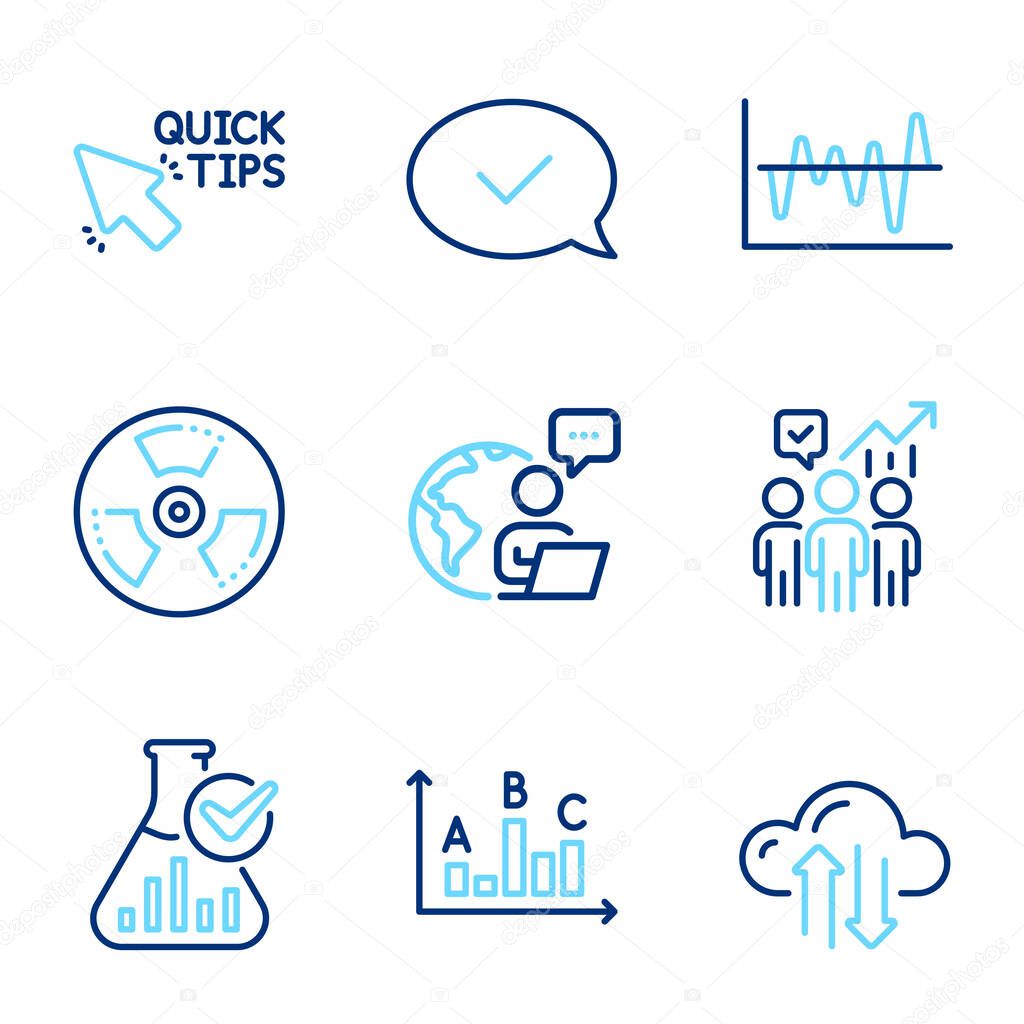 Education icons set. Included icon as Cloud sync, Survey results, Business statistics signs. Chemistry lab, Quick tips, Chemical hazard symbols. Stock analysis, Approved message. Vector