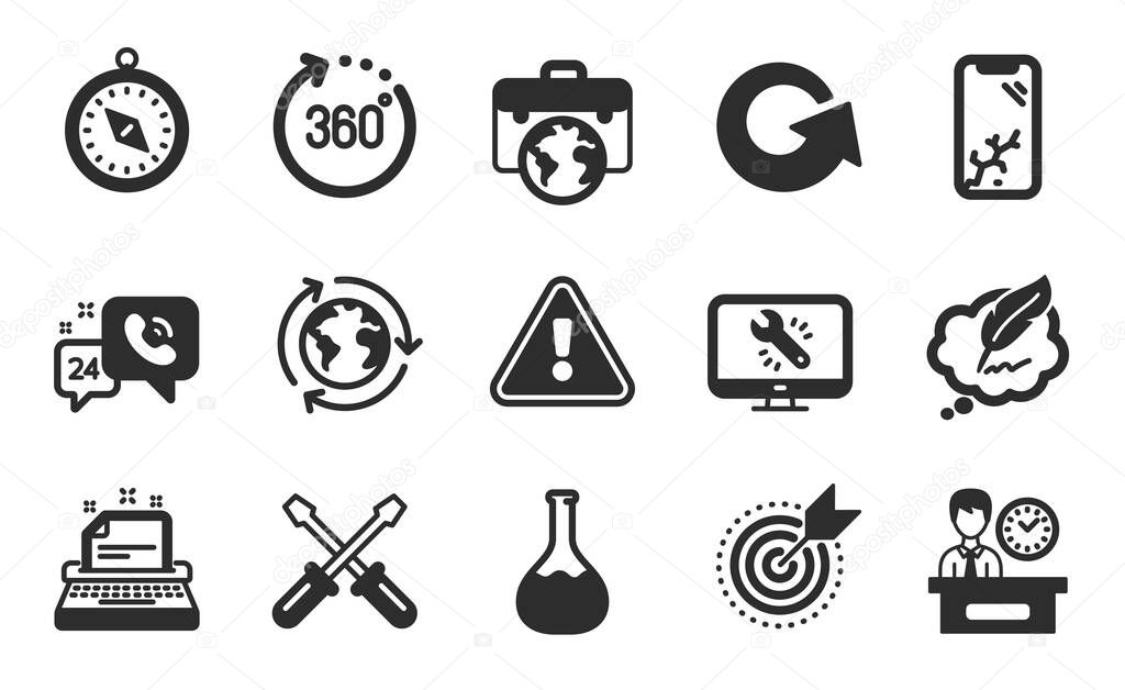 Travel compass, Monitor repair and Smartphone broken icons simple set. Screwdriverl, Target purpose and 24h service signs. Typewriter, Businessman case and Copyright chat symbols. Vector