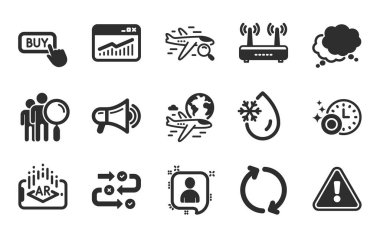 Megafon, Araştırma ilerlemesi ve web sitesi istatistik simgeleri basit küme. Konuşma balonu, bulaşık makinesi zamanlayıcısı ve insanları ara işaretleri. Yenile, Arama Uçuşu ve Satın Alma düğmesi sembolleri. Düz simgeler ayarlandı. Vektör