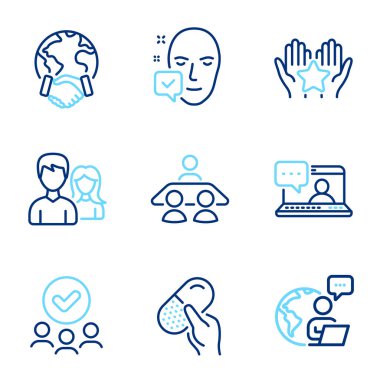 İnsan simgeleri ayarlandı. Sıralama simgesi, kapsül hapı, iş görüşmesi tabelaları. Yüz kabul edildi, takım çalışması, arkadaşlar sohbet sembolleri. Onaylanmış grup, Global iş dünyası simgeleri. Satır simgeleri ayarlandı. Vektör
