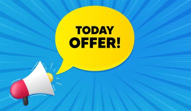 Bugünün sembolü. Megafonla arka plan. Özel satış fiyatı tabelası. Reklam indirimleri sembolü. Megafon bayrağı. Bugün konuşma baloncuğu. Hoparlör arkaplanı. Vektör