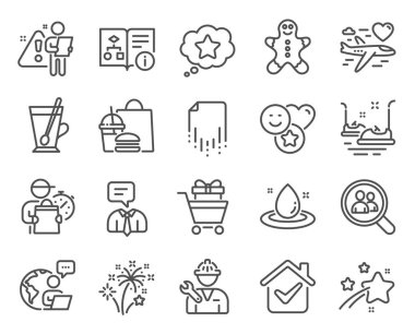 İş simgeleri ayarlandı. Alışveriş arabası, çay fincanı, balayı tabelası gibi ikonlar da dahil. Havai fişekler, destek servisi, çarpışan araba sembolleri. Yakıt enerjisi, arama çalışanları, tamirci. Gülümse. Vektör