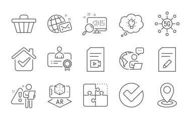 Konum, alışveriş arabası ve düzenleme belgesi satırı simgeleri ayarlandı. Sertifika, Bulmaca ve Video dosya işaretleri. 5G teknolojisi, Arama ve Enerji sembolleri. Dünya mektupları, Doğrula ve Artırılmış Gerçeklik. Vektör