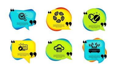 Kimya laboratuvarı, web sistemi ve medikal hap ikonları basit set. Tırnak içinde konuşma balonu. Bulut sunucusu, organik test ve Wifi işaretleri. Laboratuvar araştırması, bilgisayar, uyuşturucu. Vektör