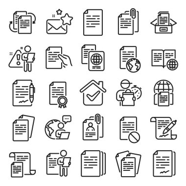Belgeler satır simgeleri. Dosyaları kopyala, sözleşme anlaşması, pasaport. Özgeçmiş röportajı, belgelerin iş akışı, eklenti klipsleri. Dosyaları değiştir, yanlış belge, bürokrasi ve sözleşme imzasını değiştir. Vektör