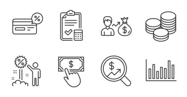 İpuçları, Bar diyagramı ve Ödeme tıklama satırı simgeleri ayarlandı. Para denetimi, muhasebe kontrol listesi ve nakit para tabelaları. İndirim, Sallary sembolleri. Nakit paralar, istatistik bilgi tablosu, para transferi. Vektör