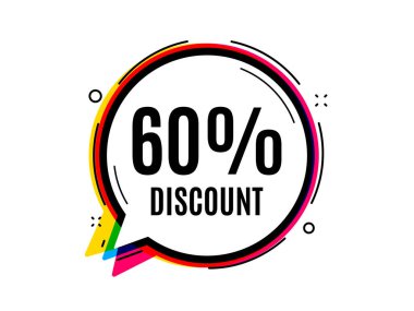 % 60 indirim. Konuşma balonu taşıyıcı pankartı. Satılık fiyat tabelası. Özel teklif sembolü. Düşünce ya da diyalog balonu şeklinde. İndirimli sohbet balonu. Bilgi bulutu mesajı. Vektör