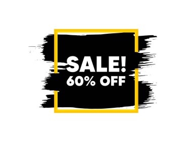 % 60 indirimli. Kare çerçevede fırça darbesi. Promosyon fiyatı tabelası. Satış rozeti sembolü. Boya fırçası mürekkep sıçrama pankartı. Rozet şeklinde. Grunge siyah suluboya pankartı. Vektör