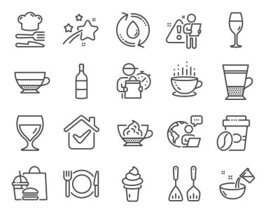 Yiyecek ve içecekler belirlenmiştir. Paket kahve, duble latte, su tabelaları gibi ikonlar da var. Espresso kremi, Americano, Restoran gıda sembolleri. Suyu doldur, dondurma, şarap bardağı. Yiyecekler. Vektör