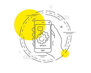 Ayarlar vites çizgisi simgesi. Cep telefonu vektör düğmesi. Çarklı tabela. Çalışma süreci sembolü. Ayarlar vites çizgisi simgesi. Soyut konsept rozet. Vektör