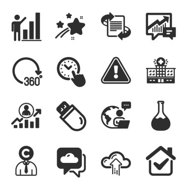 Zaman yönetimi, hava tahmini, muhasebe sembolleri gibi bir dizi bilim simgesi. Grafik çizelgesi, 360 derece, bulut yükleme işaretleri. Hastane binası, pazarlama, kariyer merdiveni. Usb çubuğu. Vektör