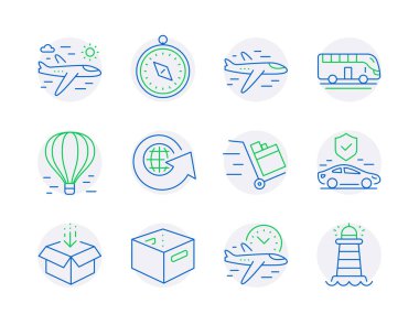 Ulaşım simgeleri ayarlandı. İtme arabası, dünya küresi, otobüs turu tabelaları gibi ikonlar da dahil. Uçuş zamanı, kutu, seyahat pusula sembolleri. Uçak, ofis kutusu, hava balonu. Uçak yolculuğu. Vektör