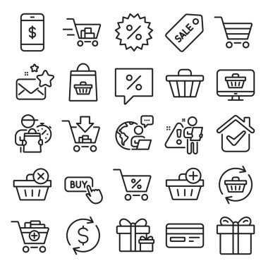Alışveriş kuyruğu simgeleri. Hediye kutusu, hediye kuponu ve indirim tabelası. Alışveriş arabası, sürpriz hediye ve teslimat sembolleri. Konuşma balonu, indirim kuponu, kredi kartı. Çevrimiçi satış. Vektör