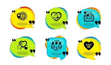 Nefis bir gülümseme, dünya seyahati ve kalp simgeleri basit bir set. Tırnak içinde konuşma balonu. Satın alma süreci, Aşk mektubu ve Öp beni işaretleri. Komik kalp, harita göstergesi, özen gösterici aşk. Vektör