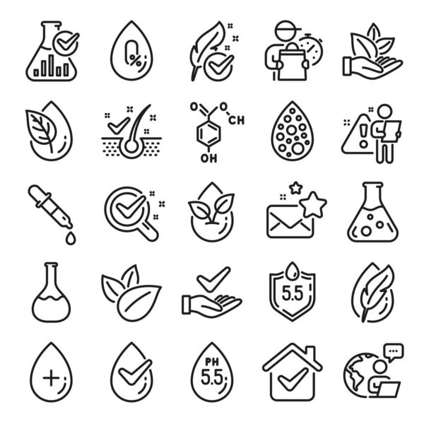 No artificial colors, Anti-dandruff flakes free line icons. Dermatologically tested, Alcohol free and Paraben chemical formula icons. Hypoallergenic tested, Neutral ph and Organic. Vector