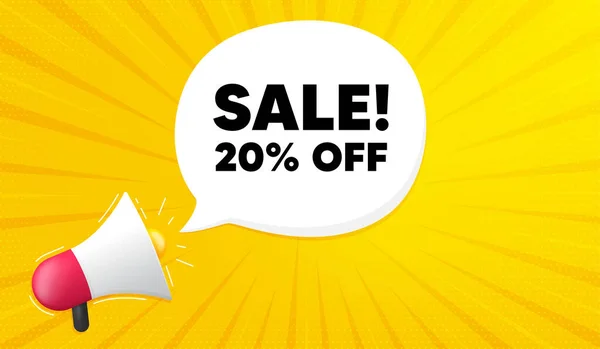 Sale 20% off discount. Yellow background with megaphone. Promotion price offer sign. Retail badge symbol. Megaphone banner. Sale speech bubble. Loudspeaker background. Vector
