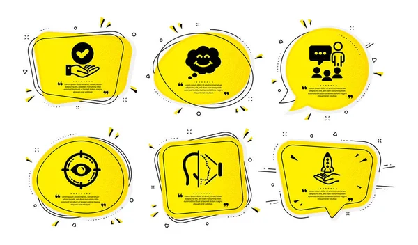 Посмішка Ціль Очей Затверджені Піктограми Прапорців Простий Набір Жовті Бульбашки — стоковий вектор