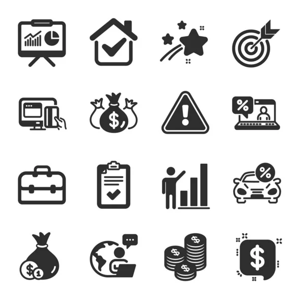 Conjunto Iconos Finanzas Como Comprobar Inversión Gráfico Símbolos Destino Cartera — Vector de stock