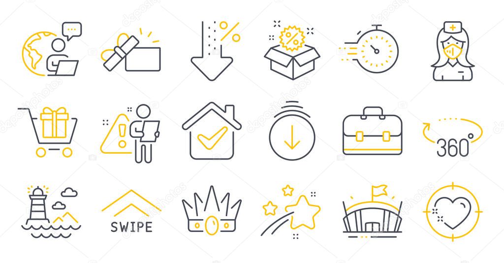 Set of line icons, such as 360 degrees, Scroll down, Nurse symbols. Shopping cart, Timer, Arena signs. Heart target, Opened gift, Swipe up. Crown, Lighthouse, Sale. Portfolio, Low percent. Vector