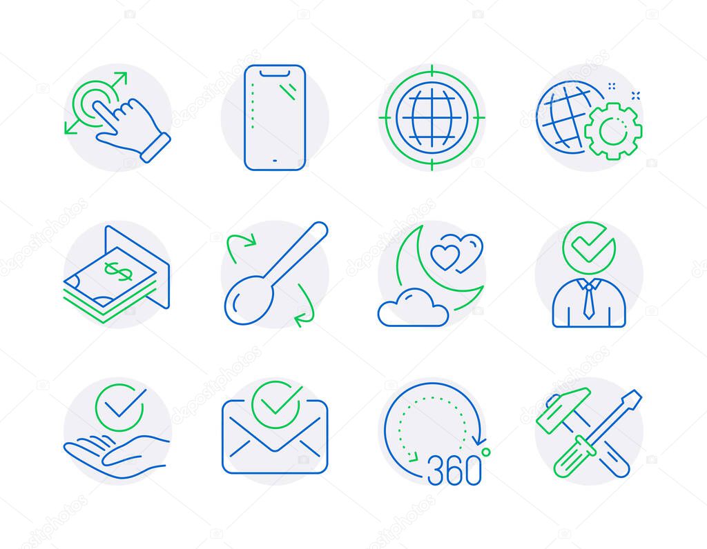 Business icons set. Included icon as Approved, Cooking spoon, Vacancy signs. Seo internet, Approved mail, Smartphone symbols. Love night, 360 degrees, Seo gear. Atm money, Hammer tool. Vector