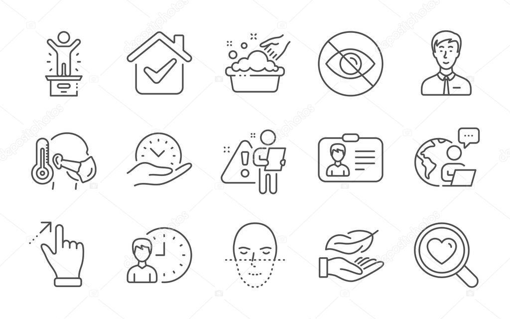 Hand washing, Safe time and Businessman person line icons set. Touchscreen gesture, Face recognition and Working hours signs. Winner podium, Not looking and Identification card symbols. Vector