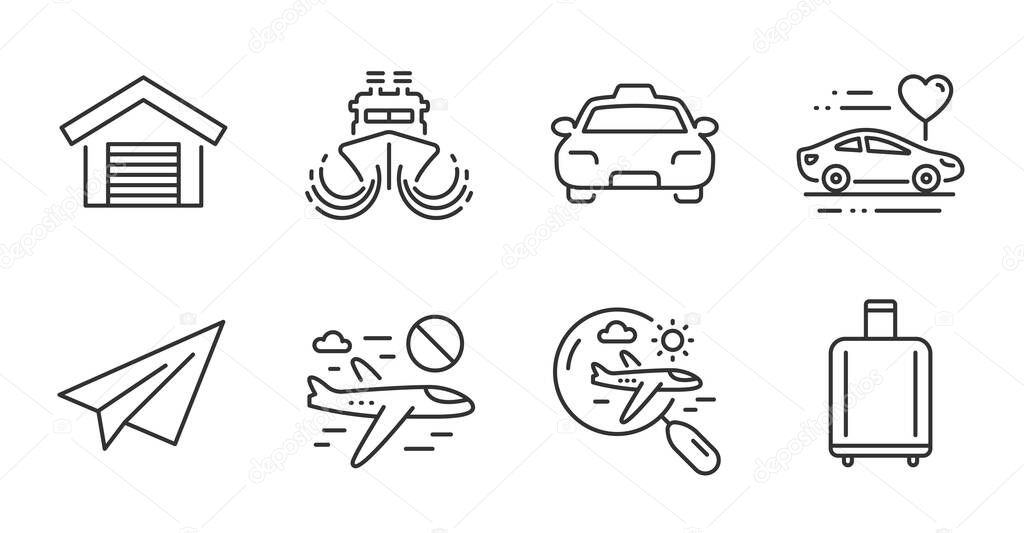Honeymoon travel, Baggage reclaim and Parking garage line icons set. Paper plane, Ship and Taxi signs. Search flight, Cancel flight symbols. Car trip, Airport bag, Car place. Vector