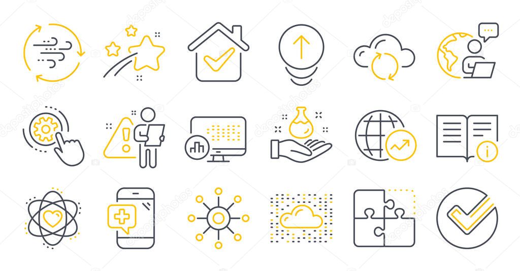 Set of Science icons, such as Report statistics, Medical phone, Multichannel symbols. Cloud system, Cloud sync, Atom signs. Chemistry lab, Wind energy, World statistics. Puzzle, Swipe up. Vector