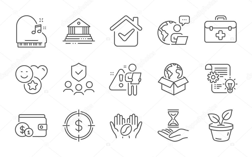 Smile, Buying accessory and Cogwheel line icons set. First aid, Leaves and Piano signs. Coffee, Delivery service and Time hourglass symbols. Line icons set. Vector