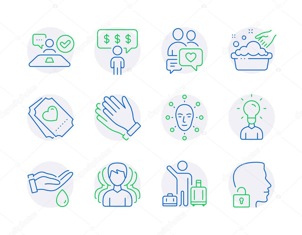 People icons set. Included icon as Dating chat, Hand washing, Airport transfer signs. Wash hands, Group, Education symbols. Job interview, Love ticket, Face biometrics. Clapping hands. Vector