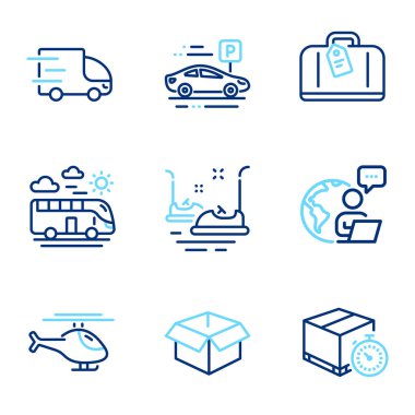 Ulaşım simgeleri ayarlandı. Çarpışan arabalar, helikopterler, teslimat zamanlayıcıları gibi ikonlar da dahil. El bagajı, otobüs yolculuğu, açık kutu sembolleri. Kamyon teslimatı, araba park yeri simgeleri. Satır simgeleri ayarlandı. Vektör