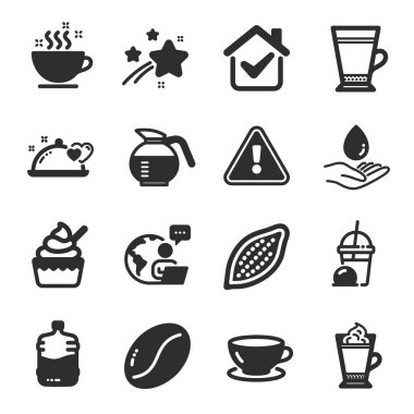 Kahve, soğutucu şişesi, Espresso sembolleri gibi yiyecek ve içecek ikonları. Kakao fındığı, su bakımı, dondurma tabelaları. Latte, dondurma milkshake, kahve fincanı. Romantik bir akşam yemeği. Vektör