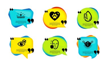 Yüz koruması, alkol yok ve evcil hayvan bakım ikonları basit bir set. Tırnak içinde konuşma balonu. Temiz cilt, göz ve tıbbi maske işaretlerini kontrol edin. Güvenli erişim, maden yağı, aşk hayvanları. Vektör