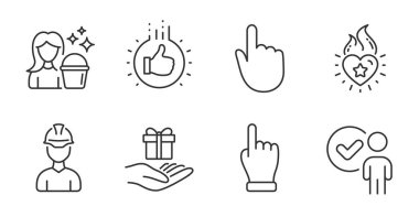 El şıklatın, el ve sadakat programı çizgi simgeleri gibi. Foreman, Temizlik ve Kalp alev işaretleri. Doğrulama sembolü. Yön parmağı, baş parmak yukarı, hediye. İnsanlar hazır. Kaliteli çizgi simgeleri. Vektör
