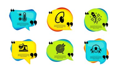 Çevrimiçi kimya, Fıstık ve Havai fişek roket ikonları basit set. Tırnak içinde konuşma balonu. Hava durumu termometresi, okçuluk ve iş hedefleme tabelaları. Vektör