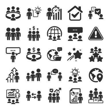 Simgelerle tanışma. Konferans, seminer, sınıf. Takım, iş ve iş fikri ikonları. Tartışma, sınıf işi, insan yönetimi. Sunum, ofis toplantısı, danışma. Düz simge seti. Vektör