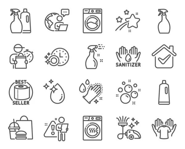 清洁图标设置 包括洗衣机 卫生纸 扶手T恤标志等图标 清洁气泡 干燥机 吸尘器符号 洗碗机定时器 洗发水 — 图库矢量图片