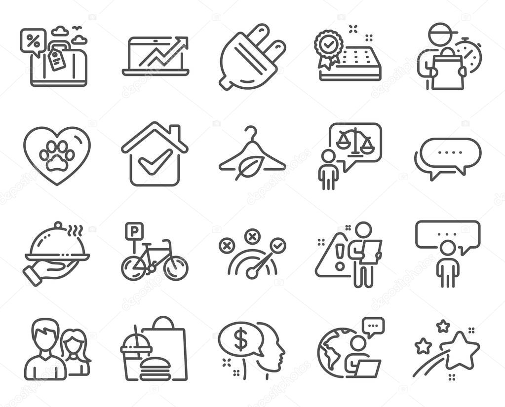 Business icons set. Included icon as Mattress guarantee, Restaurant food, Sales diagram signs. Dots message, Consulting business, Electric plug symbols. Pets care, Teamwork, Slow fashion. Vector