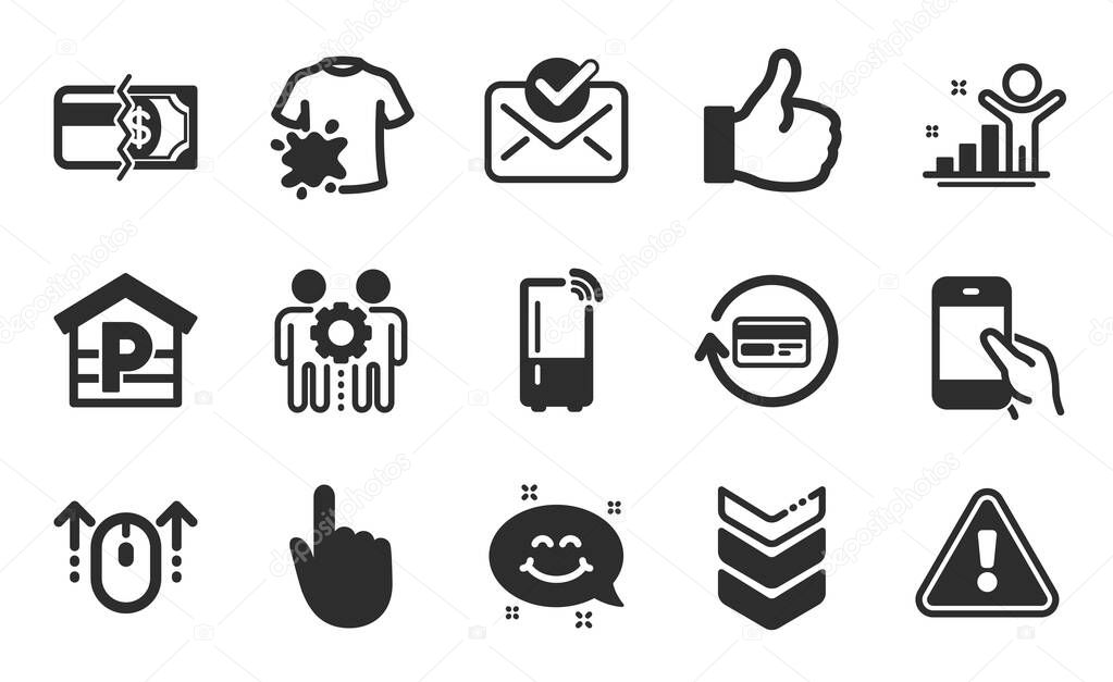 Payment methods, Winner and Hold smartphone icons simple set. Parking, Swipe up and Employees teamwork signs. Approved mail, Like and Hand click symbols. Flat icons set. Vector