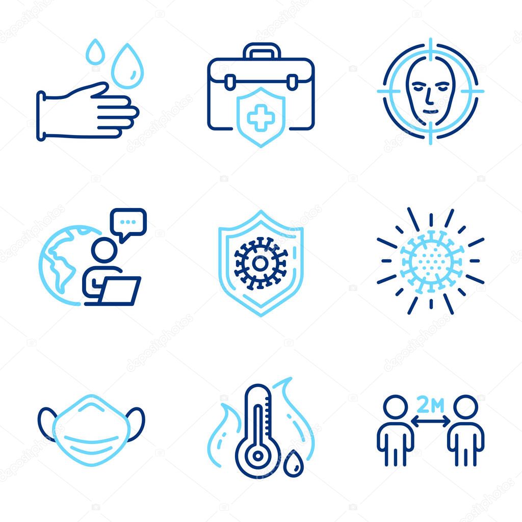 Medical icons set. Included icon as Coronavirus protection, Fever temperature, Coronavirus signs. Face detect, Social distancing, Medical insurance symbols. Rubber gloves, Medical mask. Vector