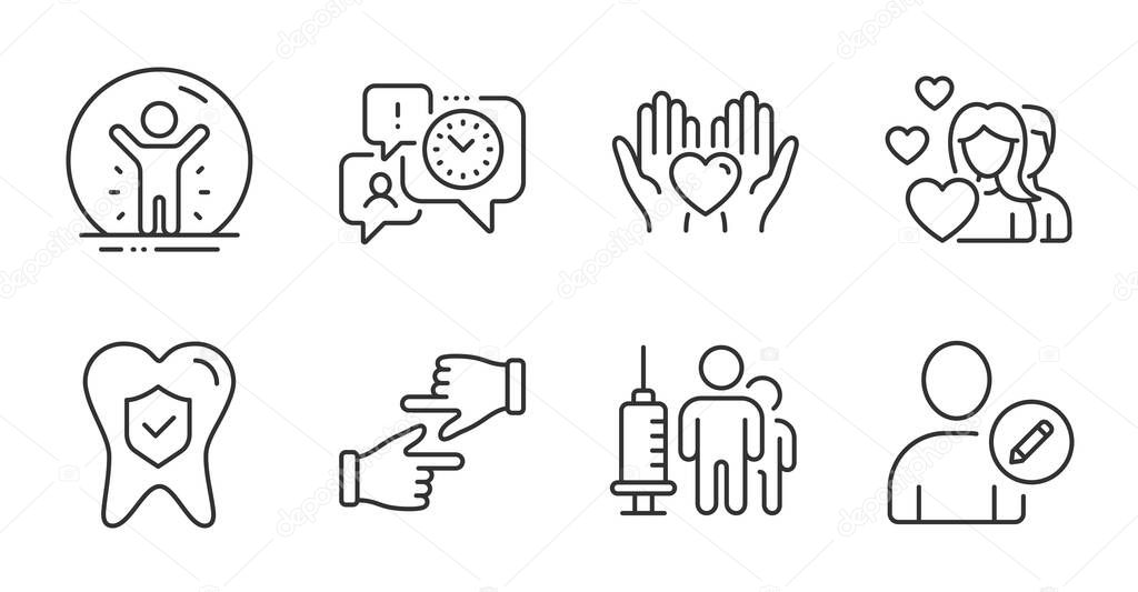 Time management, Hold heart and Medical vaccination line icons set. Recovered person, Couple and Click hands signs. Dental insurance, Edit user symbols. Quality line icons. Vector