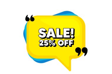 İndirim% 25. Tırnak içinde sarı konuşma balonu pankartı. Promosyon fiyatı tabelası. Satış rozeti sembolü. Düşünce balonu şeklinde. Konuşma baloncuğu indirimi. Vektör