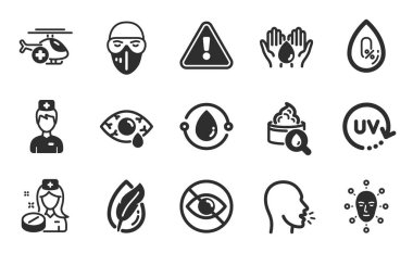 Öksürük, hemşire ve tıbbi helikopter simgeleri basit. Soğuk basınçlı yağ, hipoalerjenik testler ve nemlendirici krem işaretleri. UV koruması, tıbbi maske ve yüz biyometrik sembolleri. Vektör