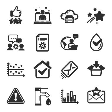 Sınıflandırma yıldızları, teknik belgeler, dermatolojik olarak test edilmiş semboller gibi bir dizi teknoloji ikonu. Diyagram grafiği, e-posta, kutu işaretleri. Vip posta, Mühendislik ekibi, Bulut sunucusu. Vektör