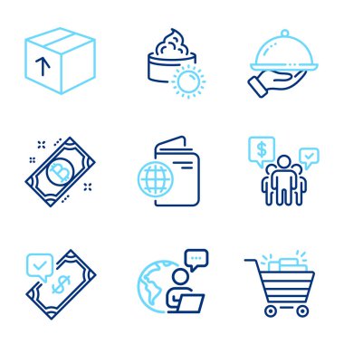 İş simgeleri ayarlandı. Takım çalışması, paket, seyahat pasaport tabelaları gibi simgeleri de içeriyor. Bitcoin, Restoran yemekleri, Güneş kremi sembolleri. Alışveriş arabası, kabul edilmiş ödeme hattı simgeleri. Satır simgeleri ayarlandı. Vektör