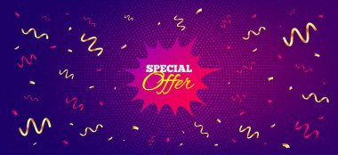 Özel teklif etiketi. Şenlikli konfeti arka planında mesaj var. İndirimli afiş şekli. İndirim kuponu ikonu. En iyi reklam konfeti afişi. Özel teklif rozet şekli. Vektör