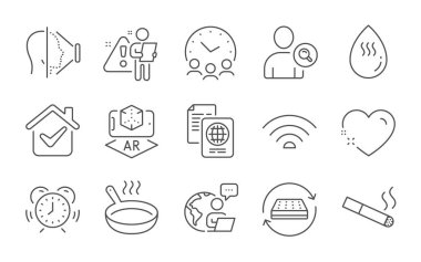 Sıcak su, Kullanıcı Bul ve Wifi hat simgeleri ayarlandı. Pasaport belgesi, Yüz Kimliği ve Zaman yönetim işaretleri. Arttırılmış gerçeklik, Yatak ve Kalp sembolleri. Sigara içme, kızartma tavası ve buluşma zamanı. Vektör