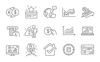 Sadakat kartı, Ödeme ve Kredi kartı çizgisi simgeleri ayarlandı. Web raporu, hesap makinesi hedefi ve analitik grafik işaretleri. Para değişimi, Grafik ve Bitcoin proje sembolleri. Satır simgeleri ayarlandı. Vektör