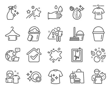 Temizlik simgeleri ayarlandı. Kova, Kirli Leke, Pencere Temizleme İşaretleri olarak simge dahil. Temiz kabarcıklar, sünger, temiz gömlek sembolleri. Kuru tişört, temizleyici, kirli su. Lastik eldivenler. Vektör